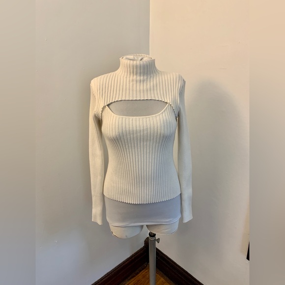 Cut Out Cream White Ribbed Sweater Top Peek a Boo Mock Turtleneck Soft Stretch - Picture 3 of 16